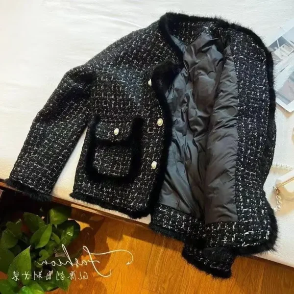 ⁦Women Coats Round Neck Full Sleeve Lamb Wool Jackets Single Breasted Slim Fit Thick Coat Open Stitch Elegant Outerwear 2024⁩ - الصورة ⁦4⁩